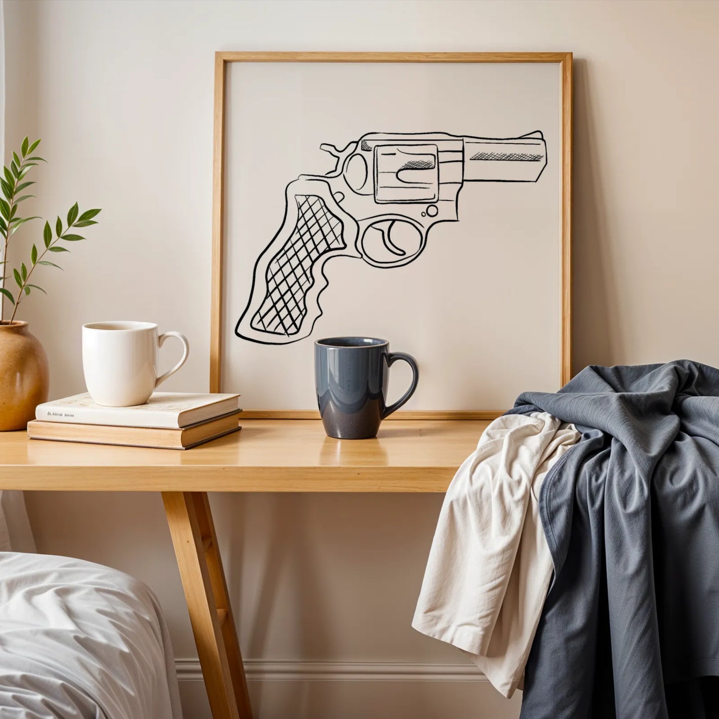 Minimal Pistol Gun, Black & White Mid Century Modern, Boho Art Painting