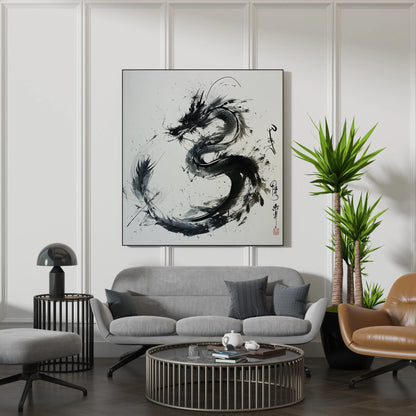 Modern Abstract Dragon I, Black & White Mid Century Modern, Boho Art Painting