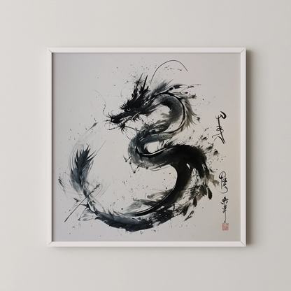 Modern Abstract Dragon I, Black & White Mid Century Modern, Boho Art Painting