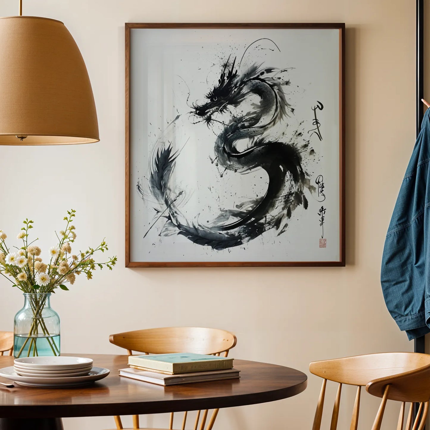 Modern Abstract Dragon I, Black & White Mid Century Modern, Boho Art Painting