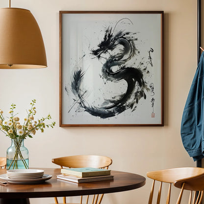 Modern Abstract Dragon I, Black & White Mid Century Modern, Boho Art Painting
