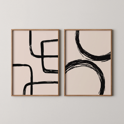Modern Abstract Lines II, Set of 2, Black & White Mid Century Aesthetic Wall Art