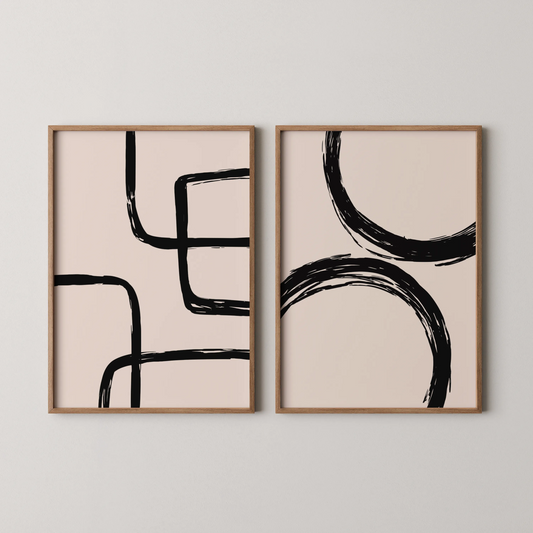 Modern Abstract Lines II, Set of 2, Black & White Mid Century Aesthetic Wall Art