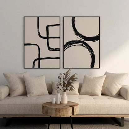 Modern Abstract Lines II, Set of 2, Black & White Mid Century Aesthetic Wall Art
