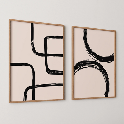 Modern Abstract Lines II, Set of 2, Black & White Mid Century Aesthetic Wall Art