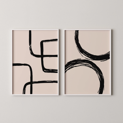 Modern Abstract Lines II, Set of 2, Black & White Mid Century Aesthetic Wall Art