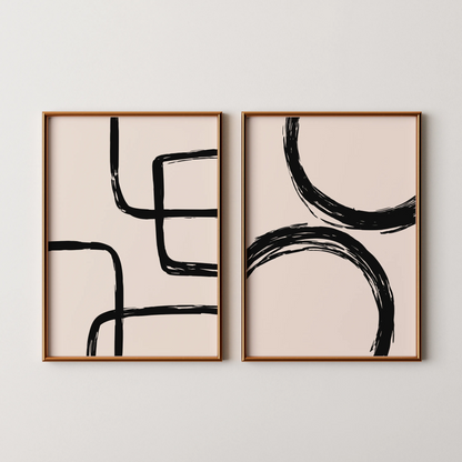 Modern Abstract Lines II, Set of 2, Black & White Mid Century Aesthetic Wall Art