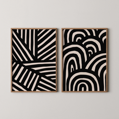 Modern Abstract Lines I, Set of 2, Black & White Mid Century Aesthetic Wall Art