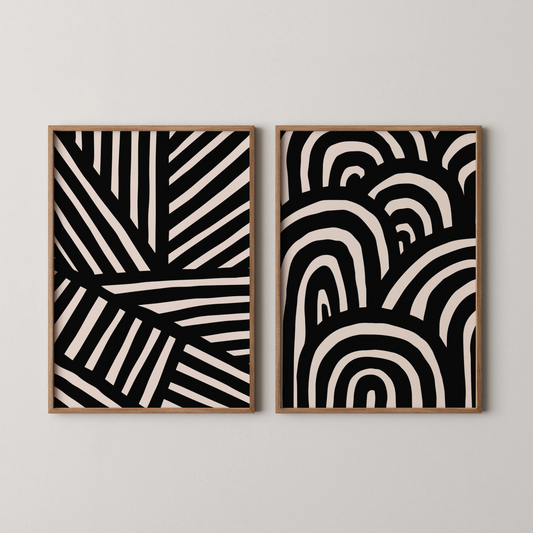 Modern Abstract Lines I, Set of 2, Black & White Mid Century Aesthetic Wall Art