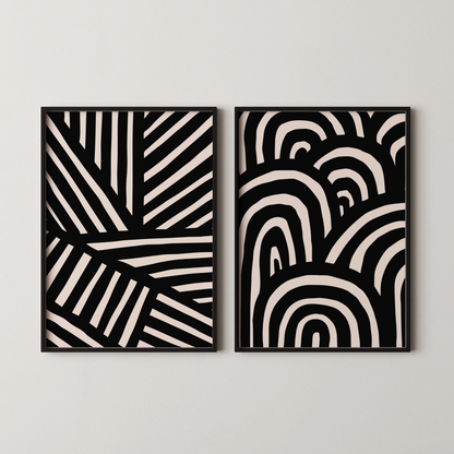 Modern Abstract Lines I, Set of 2, Black & White Mid Century Aesthetic Wall Art