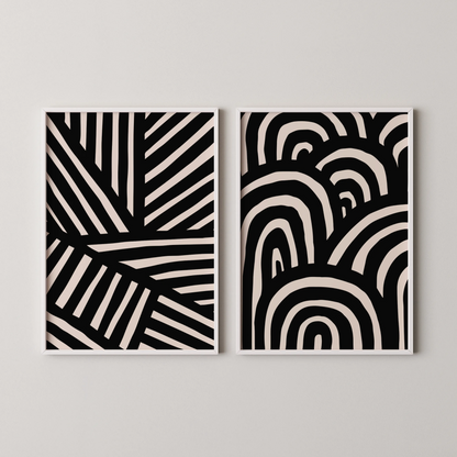 Modern Abstract Lines I, Set of 2, Black & White Mid Century Aesthetic Wall Art