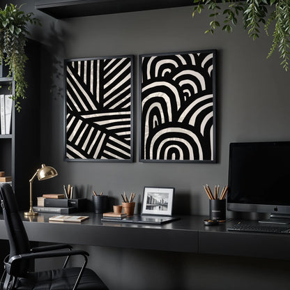 Modern Abstract Lines I, Set of 2, Black & White Mid Century Aesthetic Wall Art
