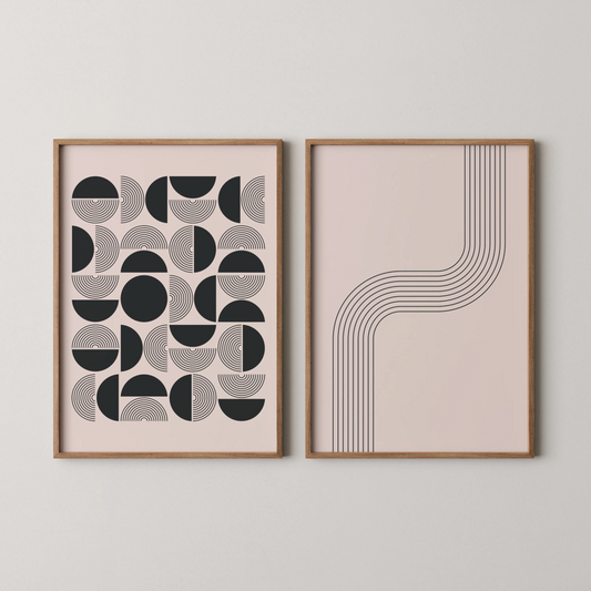 Modern Abstract Lines, Set of 2, Black & White Mid Century Aesthetic Wall Art