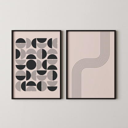 Modern Abstract Lines, Set of 2, Black & White Mid Century Aesthetic Wall Art