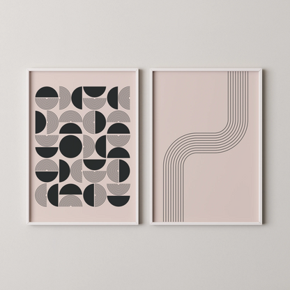 Modern Abstract Lines, Set of 2, Black & White Mid Century Aesthetic Wall Art