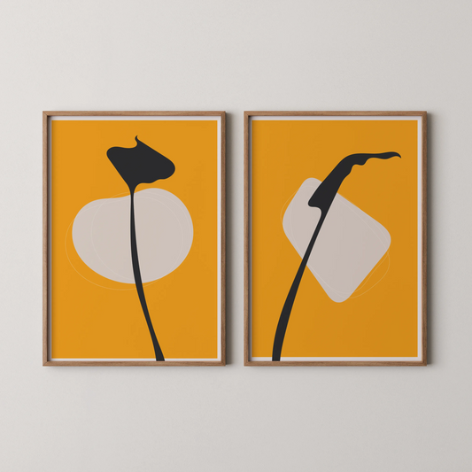 Modern Boheme Leaves, Bold Yellow, Set of 2, Mid Century Aesthetic Wall Art