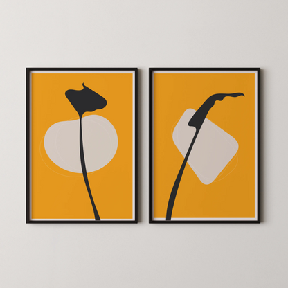 Modern Boheme Leaves, Bold Yellow, Set of 2, Mid Century Aesthetic Wall Art