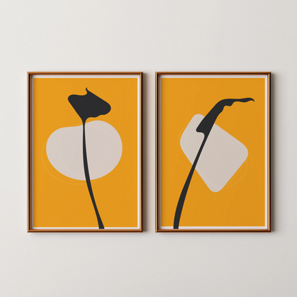 Modern Boheme Leaves, Bold Yellow, Set of 2, Mid Century Aesthetic Wall Art