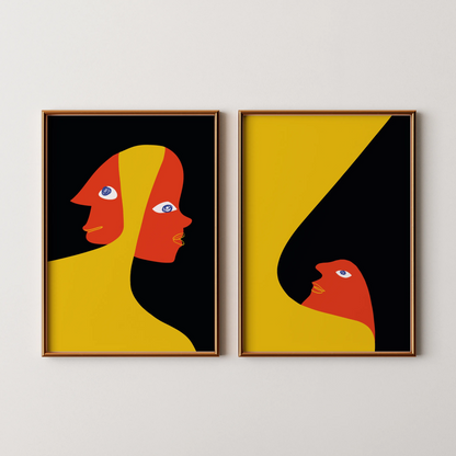 Modern Bold Abstract, Set of 2, Black & Yellow Mid Century Aesthetic Wall Art