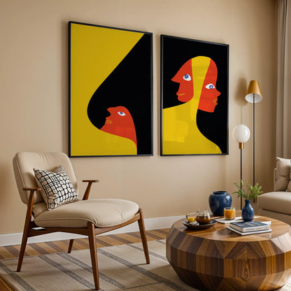 Modern Bold Abstract, Set of 2, Black & Yellow Mid Century Aesthetic Wall Art