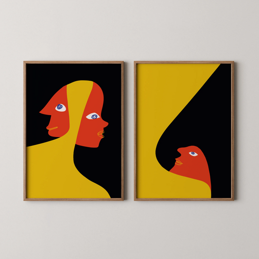 Modern Bold Abstract, Set of 2, Black & Yellow Mid Century Aesthetic Wall Art