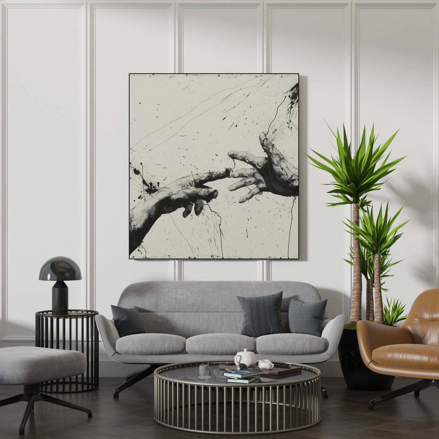 Shaking Hands Minimal I, Black & White Mid Century Modern, Boho Art Painting