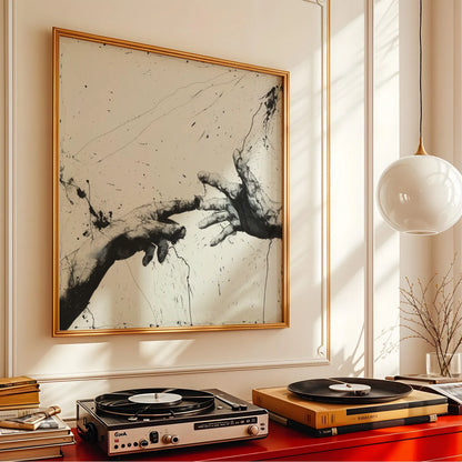 Shaking Hands Minimal I, Black & White Mid Century Modern, Boho Art Painting