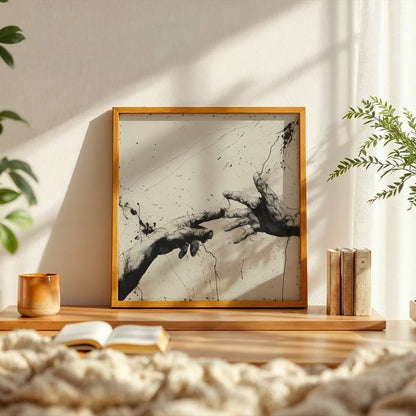Shaking Hands Minimal I, Black & White Mid Century Modern, Boho Art Painting